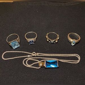 Blue Zirconia lot - 4 rings and 2 necklaces with pendant